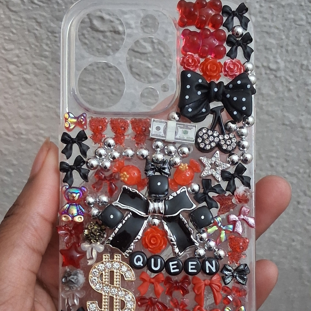 Y2K Bling iPhone 14 Pro Case - Red Rose & Black Bow Decoden - Queen Theme❤️🖤
